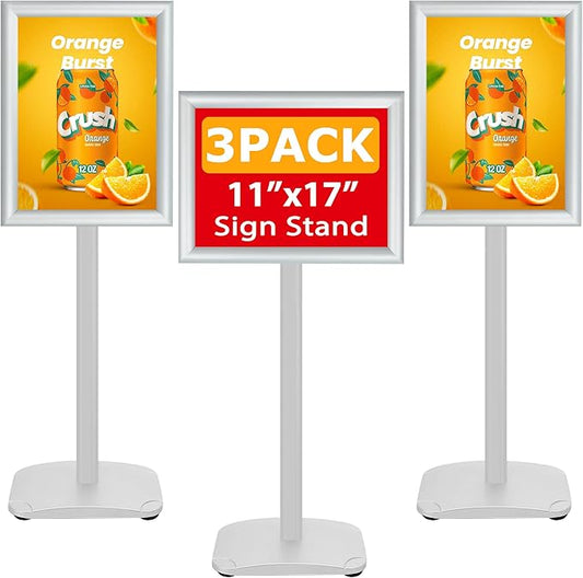 VAIIGO 3 Pack Heavy Duty Standing Sign Holder 11x17 Inch - Pedestal Floor Sign Stand with Weighted Base - Vertical & Horizontal Poster/Menu Display Stands for Indoor/Outdoor Advertising, Silver