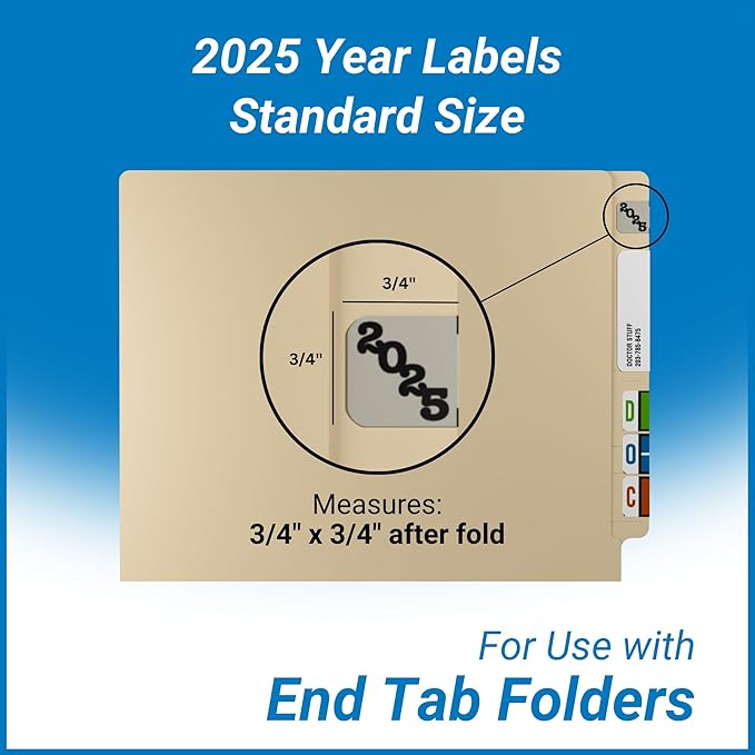 2025 Year Stickers, Doctor Stuff 2025 Chart Stickers, Gray/Black Color Coded, POS Style, USA Made Year Labels for End Tab File Folders, 500/Roll, 1 Roll, 3/4" x 1-1/2"