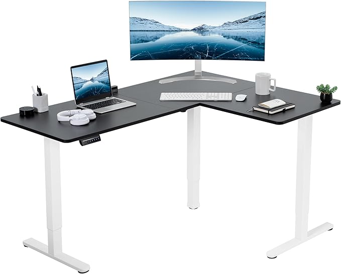 VIVO Electric Corner 63 x 47 inch L-Shaped Standing Desk, Memory Height Adjustment, Black Top White Frame, DESK-E3CTWB-47