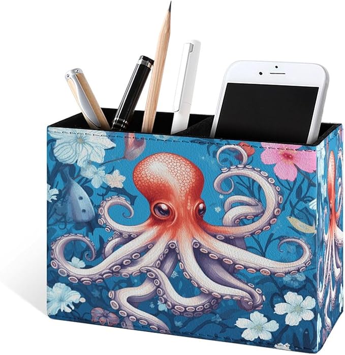 Famame Cute Octopus Flowers Pencil Holder for Desk, Leather Desktop Container Pen Cup Storage Study Table Pen Organizer Makeup Brush Holder for Classroom Office Home