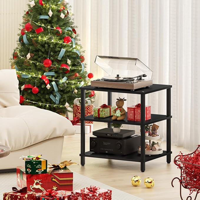 3-Tier AV Media Player Stand, Stereo Cabinet, Modern Stereo Cabine,Game Console Shelf,Wooden TV Stand,Multifunctional Entertainment Center, Suitable for Home, Conference Room, Game Studio,Black