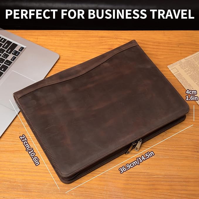Geslun Personalized Genuine Leather Portfolio, Legal Size 8.5 x 14 Pad Holder, Custom Engraved Business Padfolio for Men Women, Zippered 14" Laptop Organizer, Professional Notepad Folio, Dark Khaki