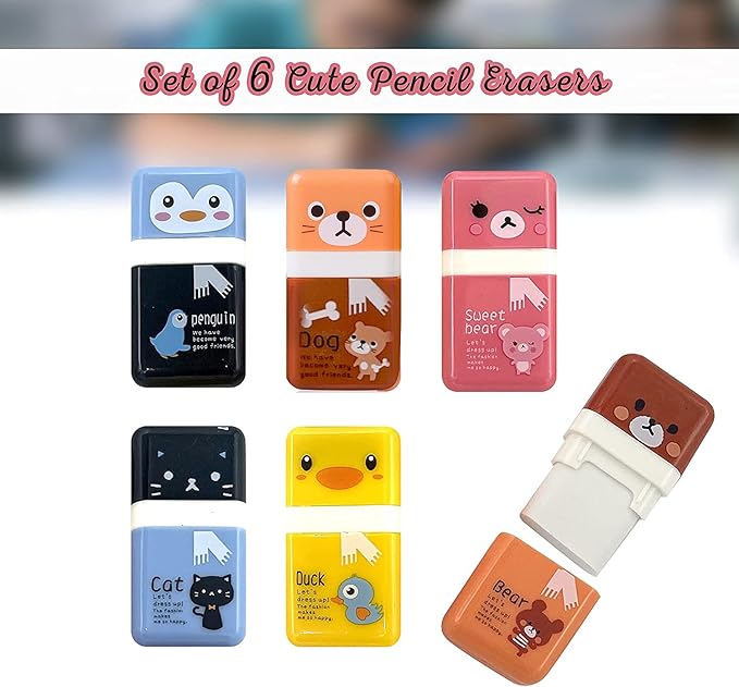 Performore 6‑Pack Animal‑Theme Cute Pencil Erasers with Cleanup Roller & Shaving Case — Fun & Functional School & Party Supplies for Kids