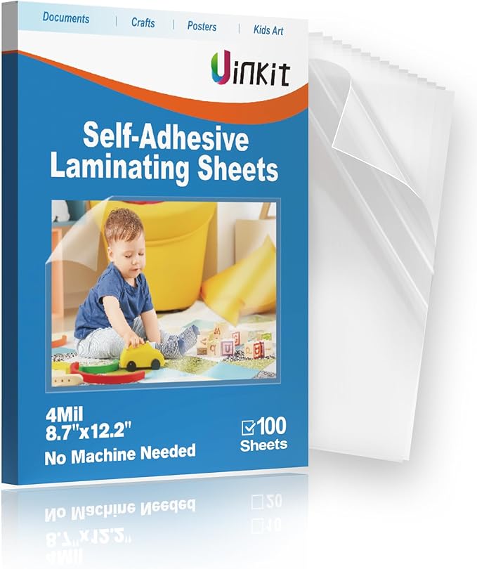 Uinkit 4mil Thicker Single-Sided Self-Adhesive Laminating Sheets 100Pack (Bulk Supply) Letter Size 8.5x11"- Bulk Laminating Paper for Businesses, Schools & Restaurants - No Heat Machine Needed