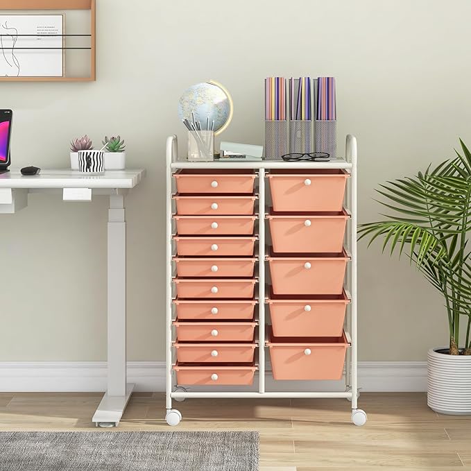 LDAILY 15 Drawer Rolling Storage Cart, Rolling Cart with Drawers for Classroom, Art Supply Craft Organizer on Wheel with Metal Frame & Handles for Home Office School