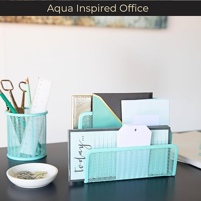 BLU MONACO Aqua Metal Mesh Letter Sorter for Desk| Modern Desk Organizer | Space-Saving Vertical Mail Holder | Office & Home Paper Organizer | Outgoing Mail Holder