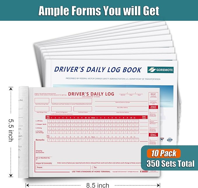 Daily Log Books for Truck Drivers with 7 & 8 Day Recap, 10 Pack, 2-Ply Carbonless, 35 Sets of Forms per Book, 8.5" x 5.5", Paper Driver Log Books for Truckers, Meet Requirements