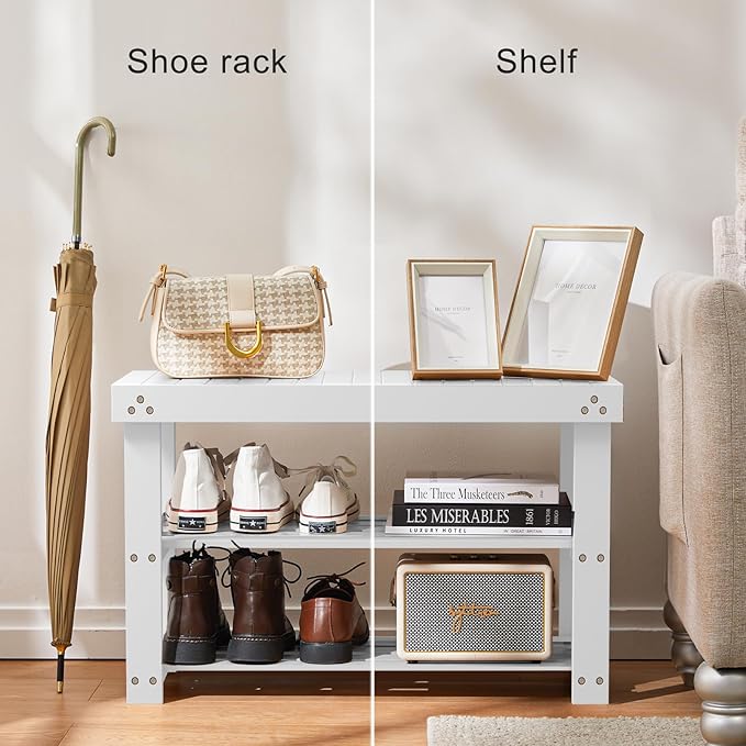 Pipishell Bamboo Shoe Rack Bench, 3-Tier Sturdy Shoe Organizer, Storage Shoe Bench, Holds up to 300lbs for Entryway Bedroom Living Room Balcony (White)