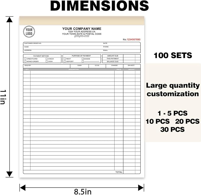 Custom Invoice Book with Logo 50 Set Personalized Receipt Books Customized Invoices for Small Business 3 - Parts Carbonless Duplicate Invoice Forms NCR Books