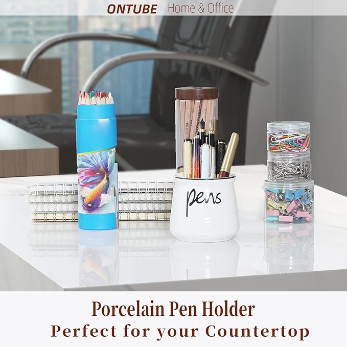 ONTUBE Porcelain Pens Holder Stand,Ceramic Pencils Holder (White)