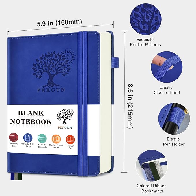 PERCUN Blank Journal Ntebook for Men & Women, 160 Pages Blank Journals for Writing, Drawing,Sketch Book,5.9" x 8.5" Leather Sketchbook, Unlined Notebook for Work, School, Art (Navy)