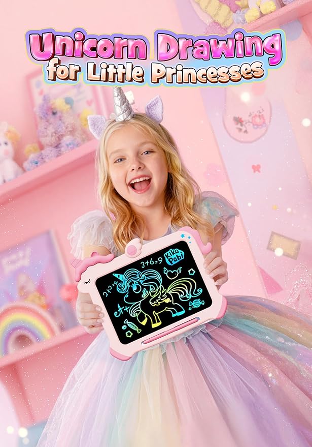 Kikapabi LCD Writing Tablet for Kids, Unicorn Colorful Screen Doodle Board, Electronic Drawing Pad, Educational Toy, Toddlers Travel Toy, Christmas Birthday Gift for 3 4 5 6 7 Year Old Girls Pink