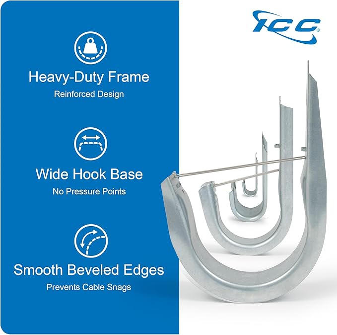 ICC 4-Inch Wall Mount J-Hook – 25-Pack, Cable Support Hooks with Retainer Clips, Galvanized Steel with Zinc Finish – for Structured Cabling and Cable Management