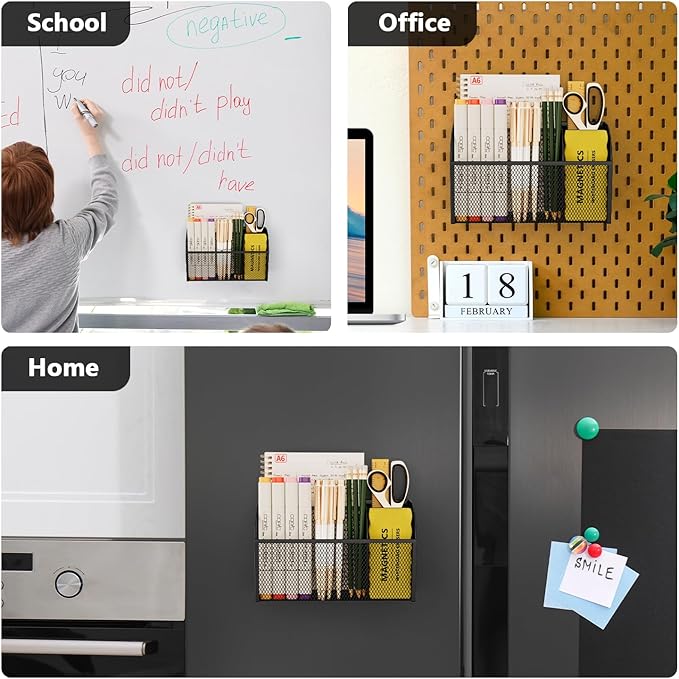UVGVA Magnetic Pencil Holder Markers Dry Erase Holder for Whiteboard 3-Grid Locker Organizer for Fridge, Home, School and Office