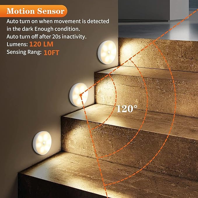 Warm Color LED Closet Lights Motion Sensor Puck Light, USB Rechargeable Battery Operated Puck Step Lights, Dimmable Under Cabinet Lighting for Counter Wardrobe Kitchen (6 Pack)