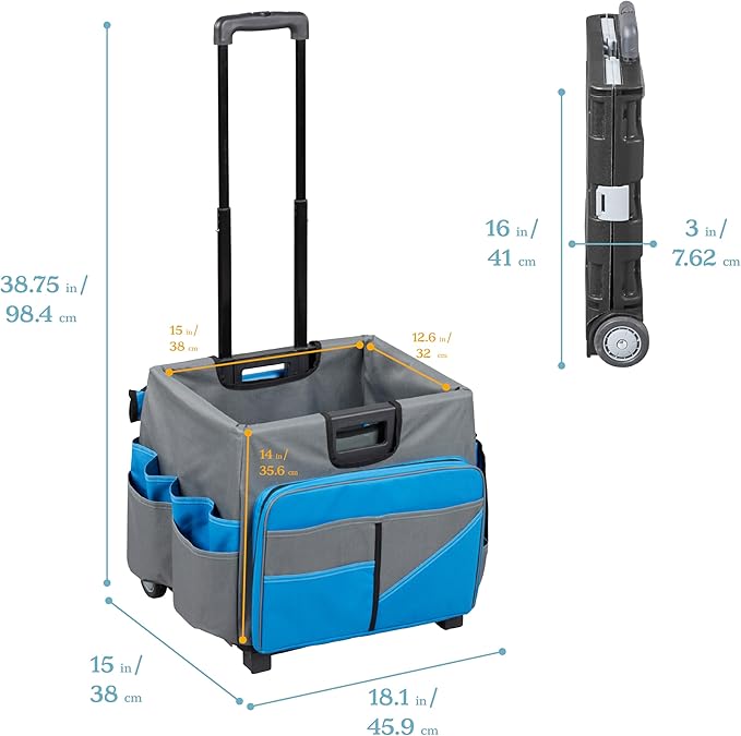 ECR4Kids Universal Rolling Cart with Canvas Organizer Bag, Mobile Storage, Blue/Grey