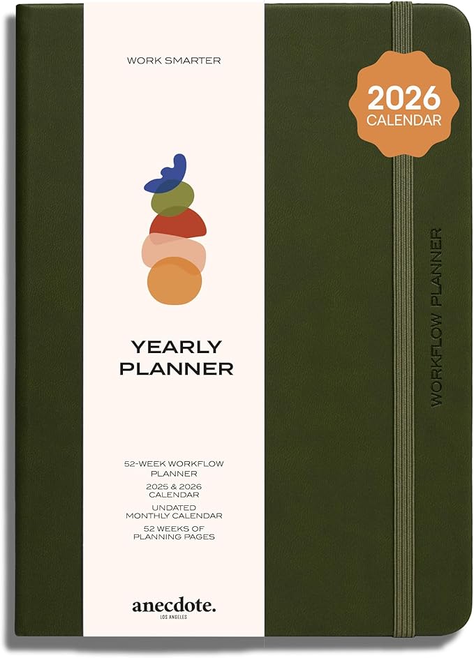 Anecdote 2026 Planner: 52 Week Daily Planner, Yearly, Monthly & Weekly Workflow for Planning Your Success – Vegan Leather Hardcover, Start Anytime & Achieve your Goals - Olive Green