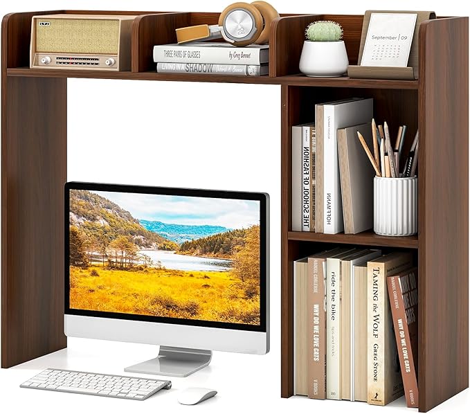 Tangkula Desktop Bookshelf, Countertop Storage Hutch with Shelves for Computer Desk, Desk 3-Tier Display Rack, Multipurpose Wood Desktop Hutch Storage Organizer for Dorm Office (Walnut,5 Shelves)