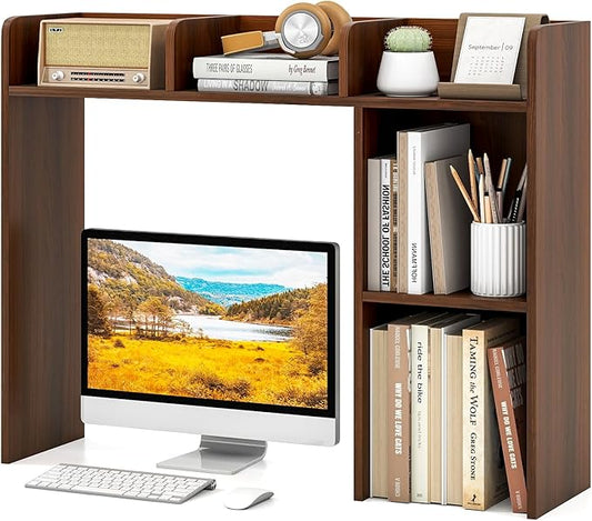 Tangkula Desktop Bookshelf, Countertop Storage Hutch with Shelves for Computer Desk, Desk 3-Tier Display Rack, Multipurpose Wood Desktop Hutch Storage Organizer for Dorm Office (Walnut,5 Shelves)