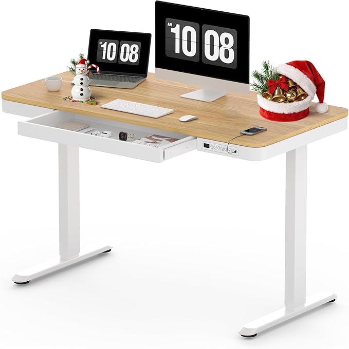 SANODESK Standing Desk with Drawer, Electric Height Adjustable Home Office Desk with Storage & USB Ports, 48 inch Maple Wood Tabletop/White Frame