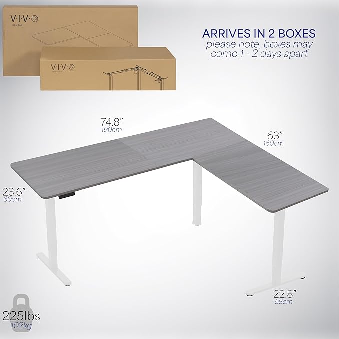 VIVO Electric Corner 75 x 63 inch L-Shaped Standing Desk, Memory Height Adjustment, Dark Gray Top White Frame, DESK-E3CTWG-75