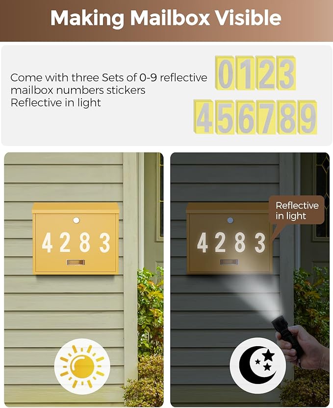 LAND·VOI Locking Wall-Mount Mailbox for Outside, with 4 Keys, Galvanized Steel Rustproof Metal Postbox, 4" Dx13.8 Wx11.2 H, Includes 3 Sets of Mailbox Numbers, Nameplate, Yellow