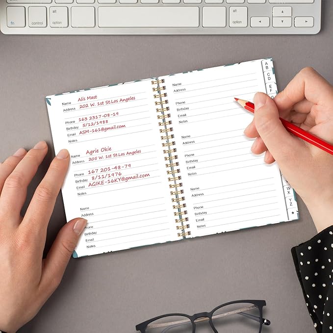 Address Book with Alphabetical Tabs - Small Address Book Spiral with Address Contacts, Special Date, Phone, Birthday & Internet Login Password for Home and Office, 4.3" x 6.2", Teal Leaf