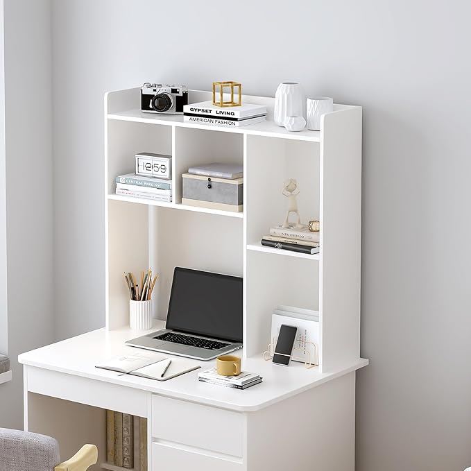 OSCHF Wooden Desktop Hutch Bookshelf - Free Standing Desk Storage Shelf with Top Edge for Computer Desk, Desktop Bookcase for Dorm, Home or Office, Countertop Organizer, White, 37.4"