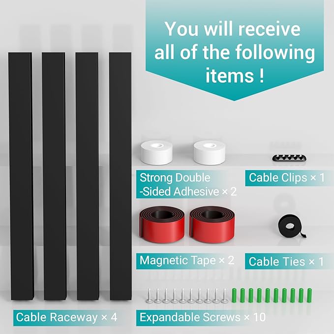 Cable Hider Raceway Kit, Magnetic Cable Management Under Desk with Upgraded Aesthetic Large Hole, Cord Organizer Kit for Hiding Computer, Gaming Desk, Network, Power Cord, TV - 4PCS 4x15.7in Black