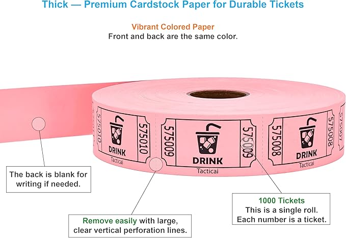 Tacticai 1000 Raffle Tickets, Drink, Pink (1 of 8 Colors), Single Roll for Events, Entry, Class Reward, Fundraiser & Prizes