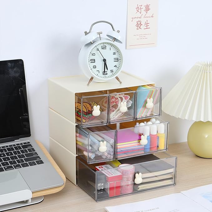 OSteed Desktop Drawers, Desk Organizer with 2 Drawers & Bunny Handles, Stackable Plastic Storage Box for Home Collection, Cosmetics, Office Supplies (1 Tall Layer, Cream & Clear)