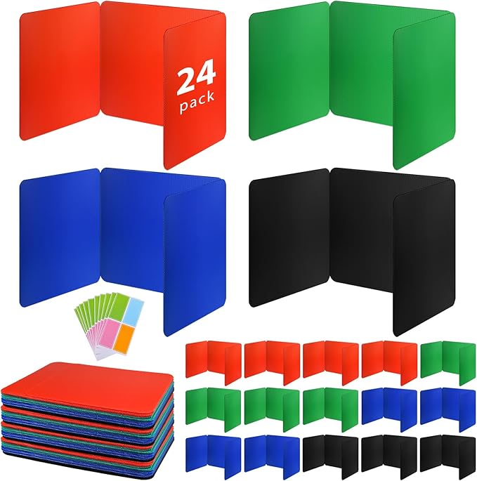 rookea 24 Pack Desk Dividers for Students with 40 Labels, Foldable Waterproof Classroom Privacy Shields Desk Privacy Panel, Plastic Folder Desk Divider for Testing Offices Classroom Teachers Supplies