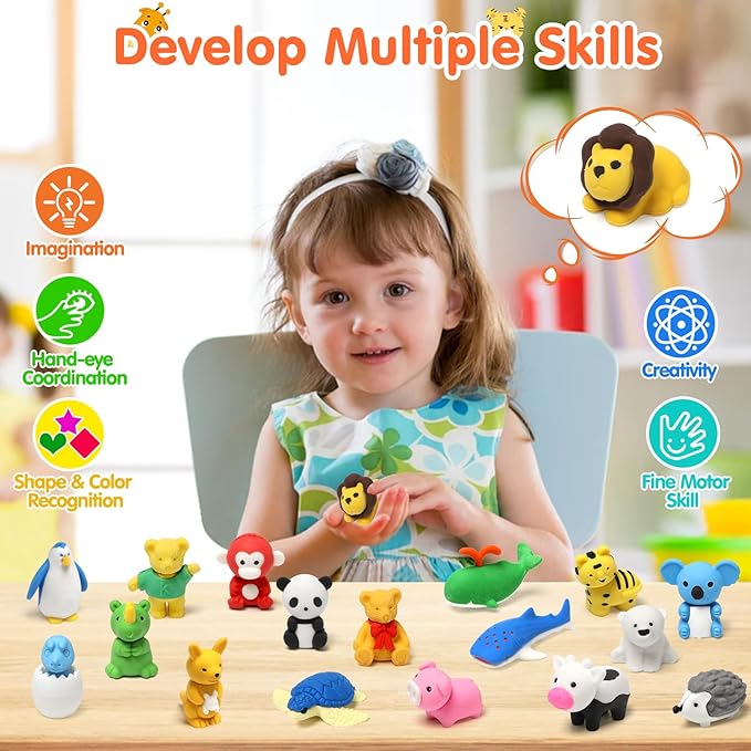 Moosia 150 Pack Animal Pencil Erasers for Kids Bulk Desk Pet Toy 3D Mini Puzzle Erasers Take Apart Erasers Treasure Box Toys Game Prize Party Favors Gift Classroom Prize Reward Back to School Supplies