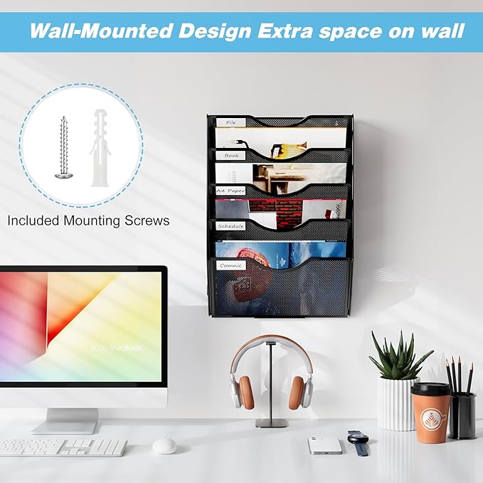 Solinxe Wall Hanging File Holder 5 Pocket Wall Mounted Paper Organizer Magazine File Holder Storage Rack,Black
