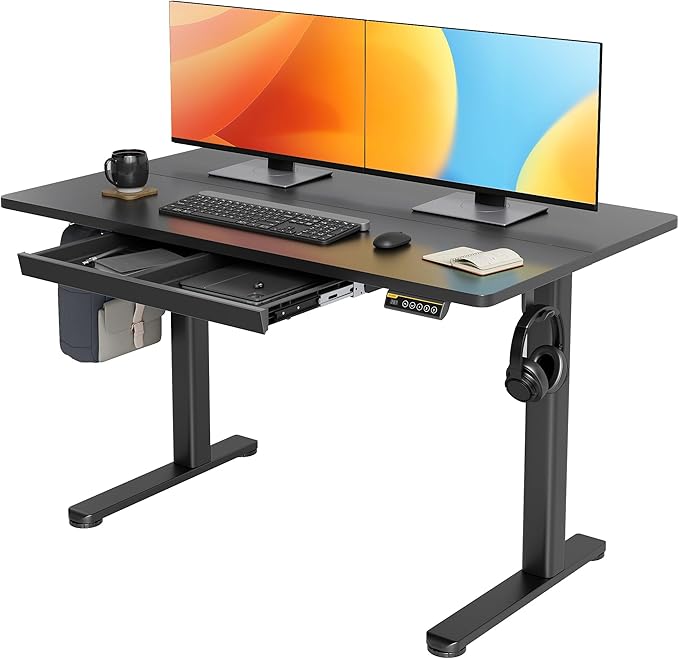 Claiks Standing Desk with Drawers, 48x24 Inch Electric Stand Up Desk, Adjustable Height Computer Workstation, Black