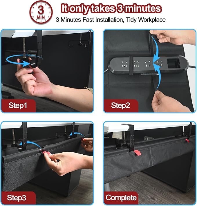 Under Desk Cable Management Tray, 36" Cord Organizer for Table, Clamp/Screw Mount Desk Cable Management, Premium Fabric Cable Management Tray for Office, Home