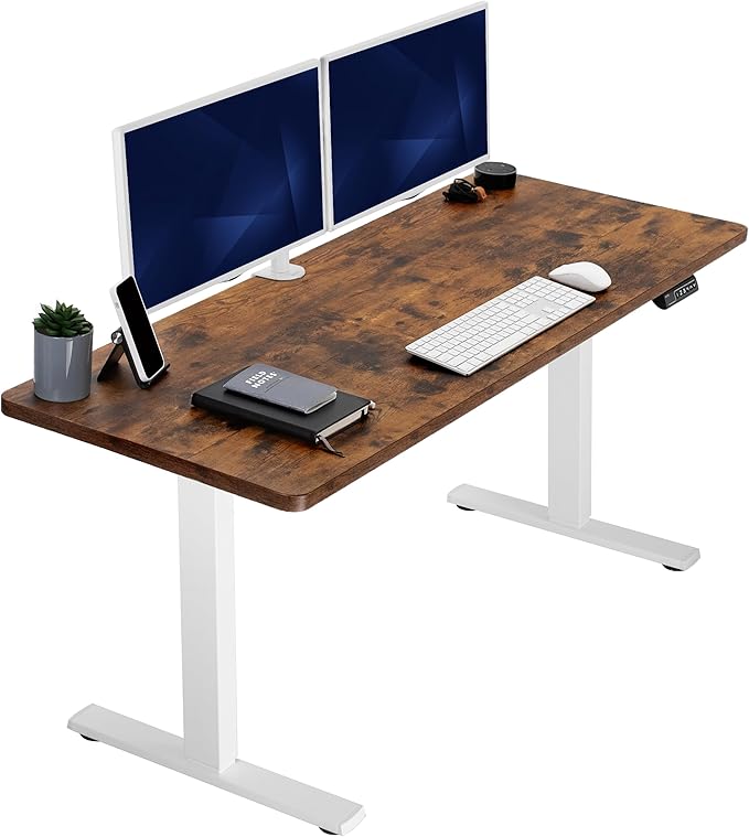 VIVO Electric 60 x 24 in Rustic Standing Desk, Memory Height Adjustment, 1B Series, Holds 220 lbs, One-Piece Vintage Brown Top, White Frame, DESK-KIT-1W6N