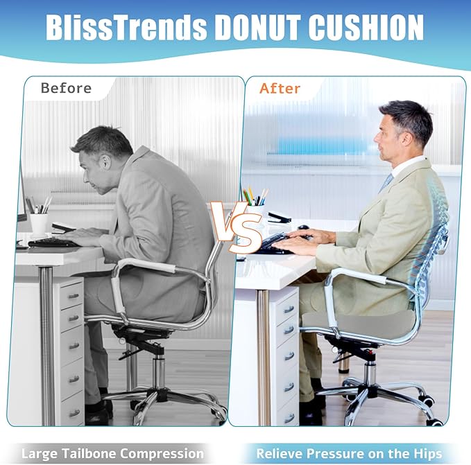 BlissTrends Donut Pillow Seat Cushion, Chair Cushions for Postpartum Pregnancy & Hemorrhoids, Tailbone Pain Relief Cushion, Memory Foam Lifting Cushions for Office&Home Chairs (Light Grey, XX-Large)
