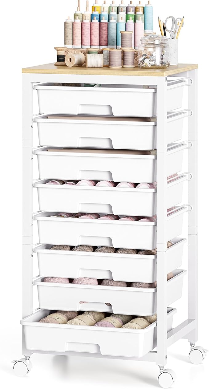 SYKIARIOL Rolling Cart with Drawers,8 Drawer Rolling Cart,Rolling Drawer Cart,Rolling Storage Drawer Cart,White Rolling Cart,Utility Cart with Drawers and Wooden Tabletop