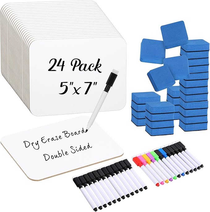 Affrolling 24 Sets Small Whiteboard Dry Erase Boards 5" x7'' Mini Double Sided Dry Erase Lap Boards with Markers Erasers Pen Holders Personal Whiteboards for Students Classroom Teacher