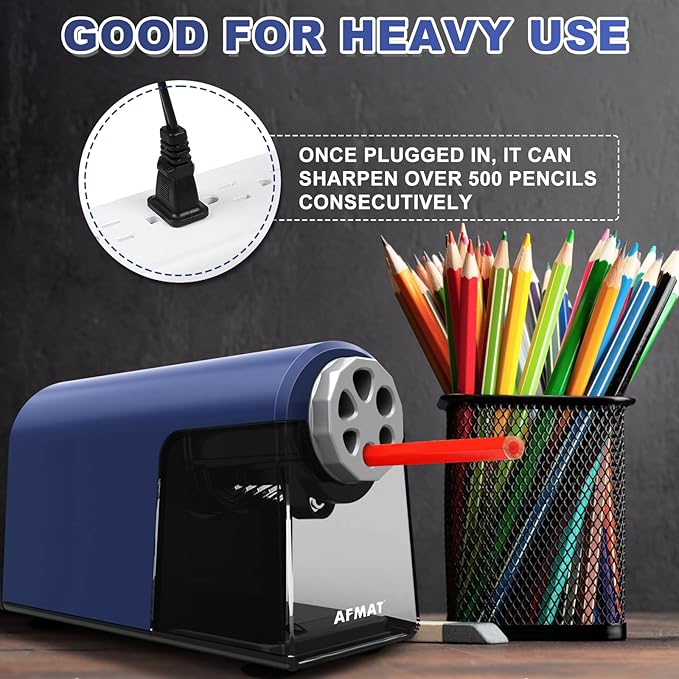 AFMAT PSX2 Heavy Duty Electric Pencil Sharpener, 6 Holes, Classroom Sharpener for 6-11mm Pencils, Auto Stop, Super Fast, Save Pencils, School Teacher Must Have Pencil Sharpeners Plug in, Blue