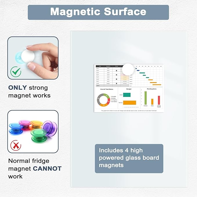 Magnetic Glass Whiteboard for Wall, 16" x 12" Glass Dry Erase Board, Large Frameless White Board for Home and Office - Normal White