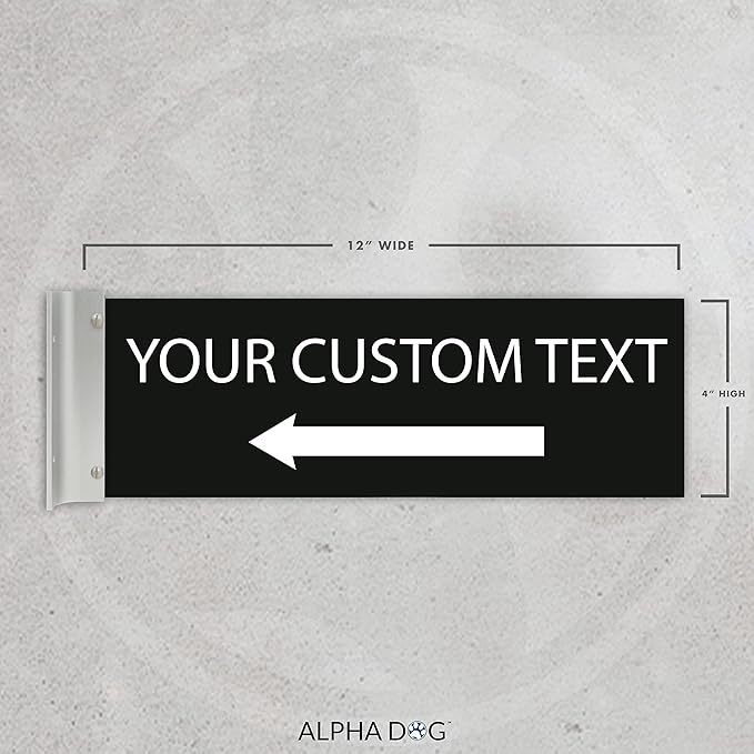 ALPHA DOG SIGNS Custom Projecting Hallway Sign, 4"x12" Double-Sided Business Plaque Left Arrow, Personalized Indoor Outdoor Wayfinding, Easy Install, Durable, Made in USA (Black)