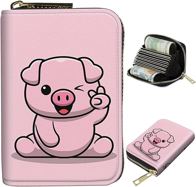 BWEGRHE Cute Credit Card Holder with Zipper, Pink Pig RFID-Blocking Card Case Small Wallet for Women Men, Multi-slot Card Organizer Case Travel Accordion Wallet
