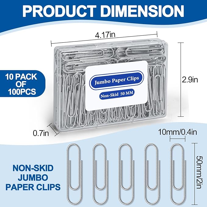 Jumbo Paper Clips Non-Skid, 1000 Large Paper Clips 10 Boxes of 100 Each, Jumbo Size for Home, Office, School Supplies, 2 Inch Silver Heavy Duty Nonskid Paperclips