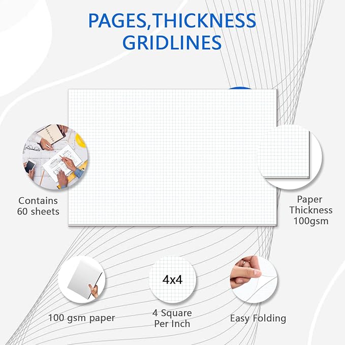 Large Engineering Graph Paper Pad - 60 Sheets/120 Pages, 17" x 11" Quadrille Grid Paper for Drafting, Engineering, Blueprint Drawing, Architect Designers, 4"x4" Blue Grid Paper, Giant Drafting Pad