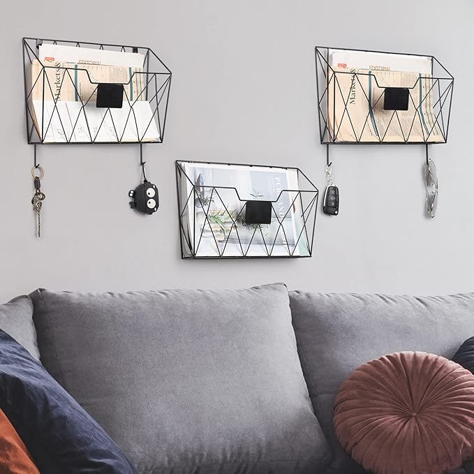 YBING Hanging Wall File Organizer Wall File Holder 3 Pockets Wall-Mounted File Rack with Hooks Wall-Mounted Paper Organizer Metal Hanging Storage for Office Living Room, Black (3 Pack - Black)