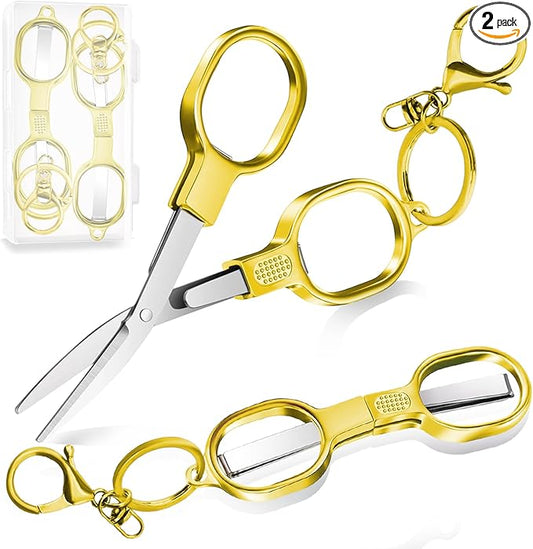 2 PCS Stainless Steel Mini Folding Scissors, Safety Pocket-Sized Multipurpose Scissors with Keychains for Travel, Home, Office, Crafts, Sewing & Nurse Accessories (Gold)