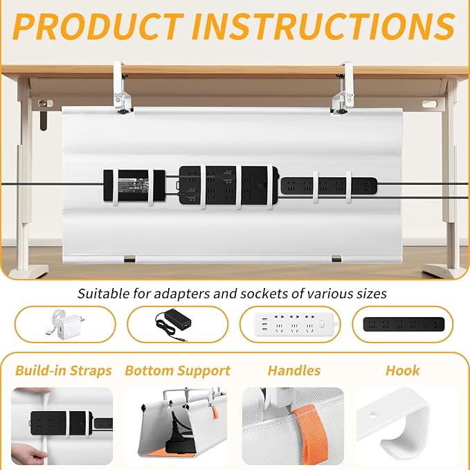 SUREUP9 No Drill Under Desk Cable Management Tray, 36" Cord Organizer with Clamp, Fabric Cable Management for Standing Desks, Ideal for Home & Office - White
