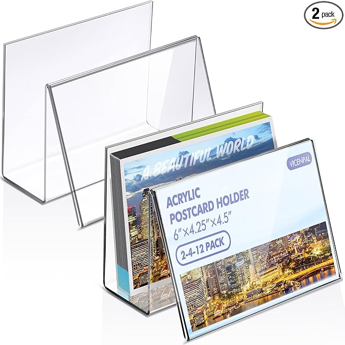 Vicenpal 2 Pcs Clear Acrylic Postcard Holder Business Card Holder Greeting Card Display Clear Business Card Stand Rack for Index Card Organizer Desk Table Home Office School, 6 x 4.25 x 4.5 Inch